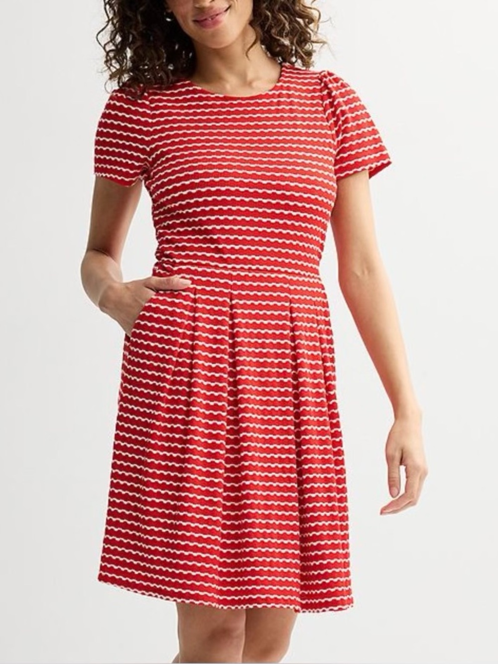 Red Short Sleeve Fit & Flare Knit Dress with Wave Stripe